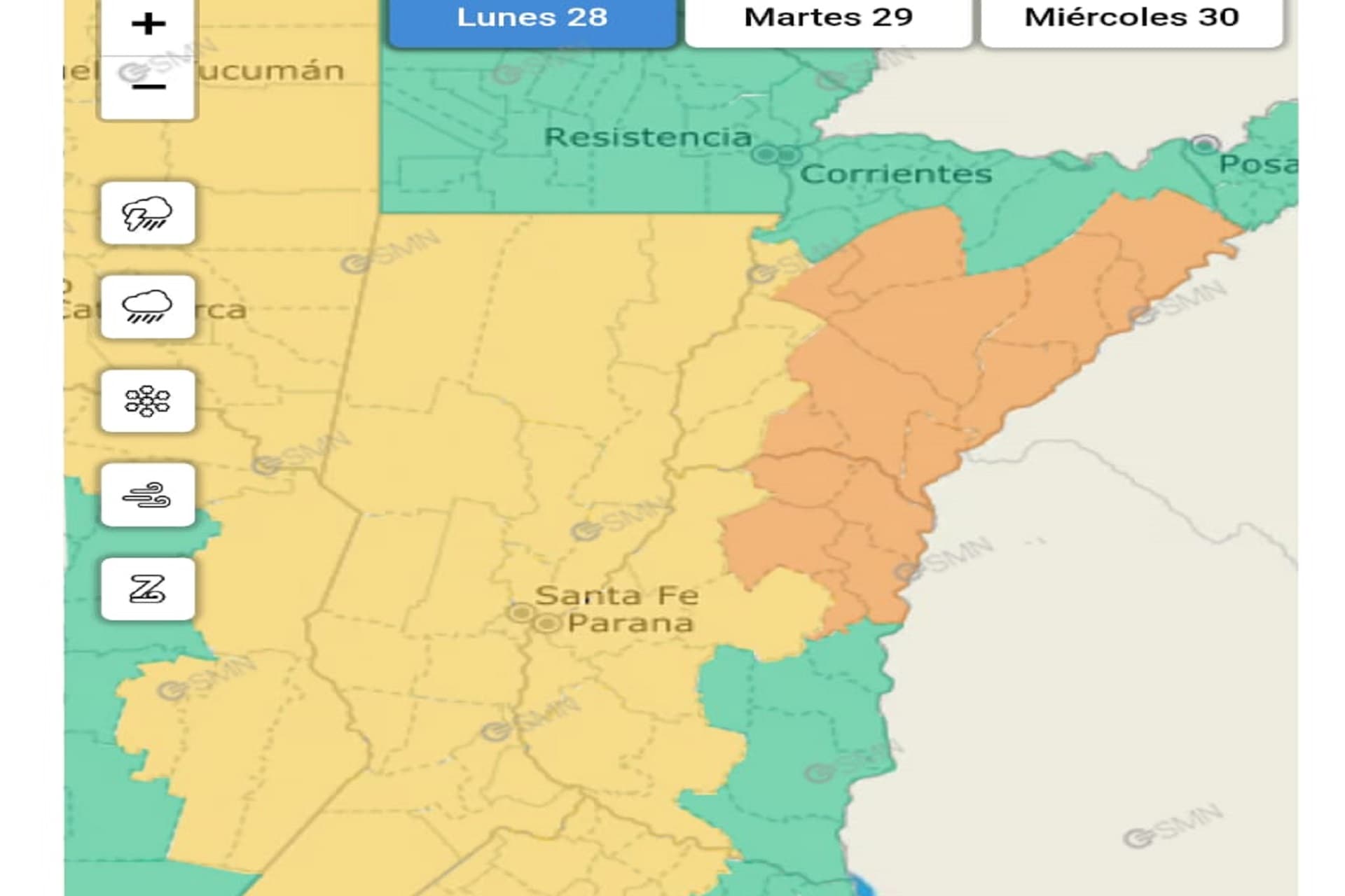 El SMN actualizó las alertas por tormentas para este lunes y martes - imagen del Gobierno de Entre Rios